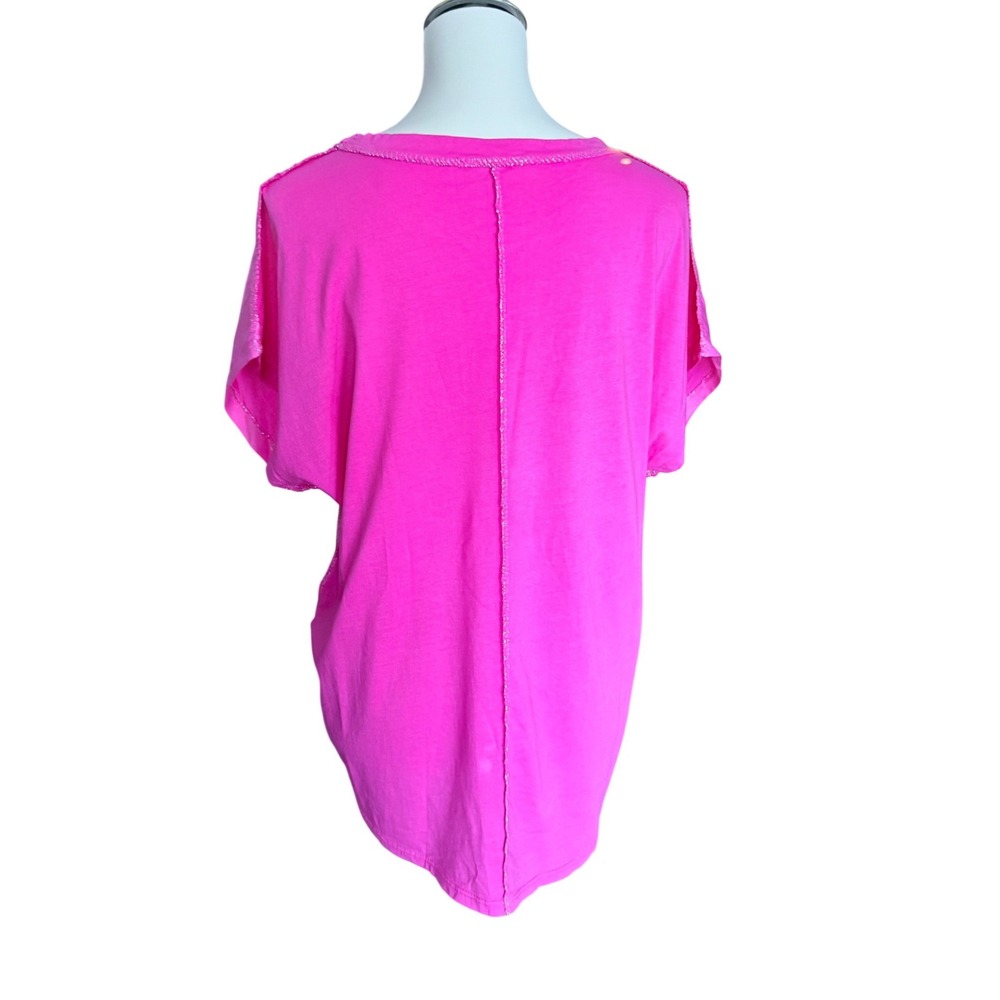 Mademoiselle Rive Droite Neon Pink Mixed Media Graphic Tee Silver Metallic Star - Picture 4 of 9